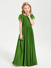 Chiffon Junior Bridesmaid Dresses with Lace Flutter Sleeves Moss