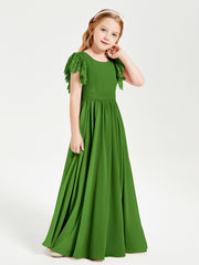 Chiffon Junior Bridesmaid Dresses with Lace Flutter Sleeves Moss