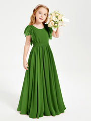 Chiffon Junior Bridesmaid Dresses with Lace Flutter Sleeves Moss