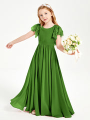 Chiffon Junior Bridesmaid Dresses with Lace Flutter Sleeves Moss