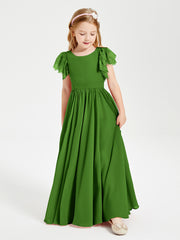Chiffon Junior Bridesmaid Dresses with Lace Flutter Sleeves Moss