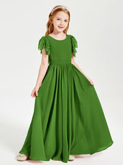 Chiffon Junior Bridesmaid Dresses with Lace Flutter Sleeves Moss