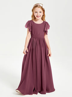 Chiffon Junior Bridesmaid Dresses with Lace Flutter Sleeves Mulberry