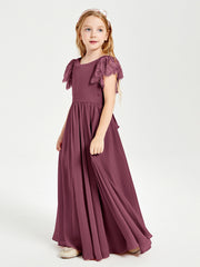Chiffon Junior Bridesmaid Dresses with Lace Flutter Sleeves Mulberry