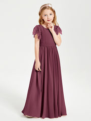 Chiffon Junior Bridesmaid Dresses with Lace Flutter Sleeves Mulberry