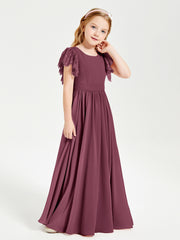 Chiffon Junior Bridesmaid Dresses with Lace Flutter Sleeves Mulberry