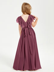 Chiffon Junior Bridesmaid Dresses with Lace Flutter Sleeves Mulberry