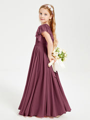 Chiffon Junior Bridesmaid Dresses with Lace Flutter Sleeves Mulberry