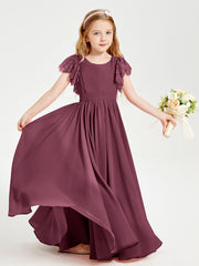 Chiffon Junior Bridesmaid Dresses with Lace Flutter Sleeves Mulberry
