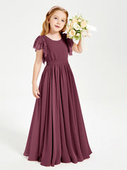 Chiffon Junior Bridesmaid Dresses with Lace Flutter Sleeves Mulberry