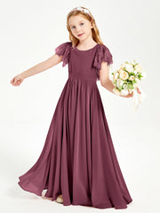 Chiffon Junior Bridesmaid Dresses with Lace Flutter Sleeves Mulberry