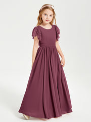 Chiffon Junior Bridesmaid Dresses with Lace Flutter Sleeves Mulberry