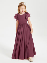 Chiffon Junior Bridesmaid Dresses with Lace Flutter Sleeves Mulberry