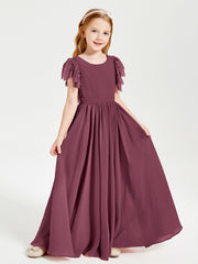 Chiffon Junior Bridesmaid Dresses with Lace Flutter Sleeves Mulberry