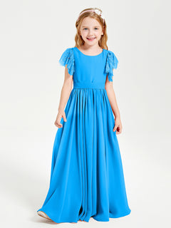 Chiffon Junior Bridesmaid Dresses with Lace Flutter Sleeves Ocean Blue