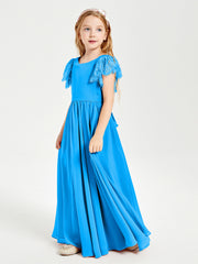 Chiffon Junior Bridesmaid Dresses with Lace Flutter Sleeves Ocean Blue