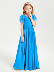 Chiffon Junior Bridesmaid Dresses with Lace Flutter Sleeves Ocean Blue