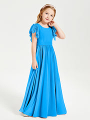 Chiffon Junior Bridesmaid Dresses with Lace Flutter Sleeves Ocean Blue