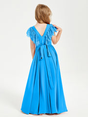 Chiffon Junior Bridesmaid Dresses with Lace Flutter Sleeves Ocean Blue