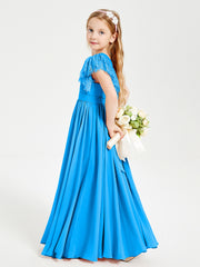Chiffon Junior Bridesmaid Dresses with Lace Flutter Sleeves Ocean Blue