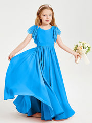 Chiffon Junior Bridesmaid Dresses with Lace Flutter Sleeves Ocean Blue