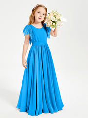 Chiffon Junior Bridesmaid Dresses with Lace Flutter Sleeves Ocean Blue