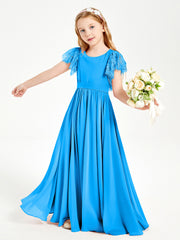 Chiffon Junior Bridesmaid Dresses with Lace Flutter Sleeves Ocean Blue