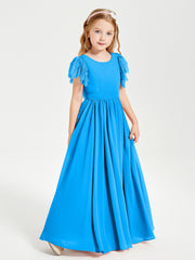 Chiffon Junior Bridesmaid Dresses with Lace Flutter Sleeves Ocean Blue
