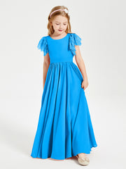 Chiffon Junior Bridesmaid Dresses with Lace Flutter Sleeves Ocean Blue