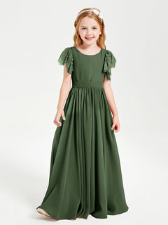 Chiffon Junior Bridesmaid Dresses with Lace Flutter Sleeves Olive Green