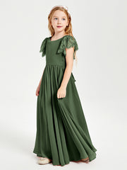 Chiffon Junior Bridesmaid Dresses with Lace Flutter Sleeves Olive Green
