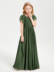 Chiffon Junior Bridesmaid Dresses with Lace Flutter Sleeves Olive Green
