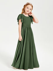 Chiffon Junior Bridesmaid Dresses with Lace Flutter Sleeves Olive Green