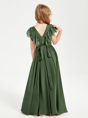 Chiffon Junior Bridesmaid Dresses with Lace Flutter Sleeves Olive Green