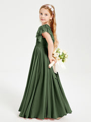 Chiffon Junior Bridesmaid Dresses with Lace Flutter Sleeves Olive Green