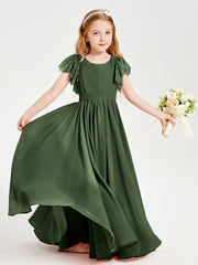Chiffon Junior Bridesmaid Dresses with Lace Flutter Sleeves Olive Green
