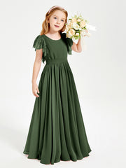 Chiffon Junior Bridesmaid Dresses with Lace Flutter Sleeves Olive Green