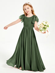 Chiffon Junior Bridesmaid Dresses with Lace Flutter Sleeves Olive Green