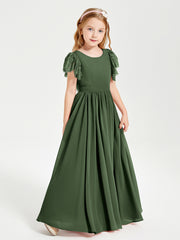 Chiffon Junior Bridesmaid Dresses with Lace Flutter Sleeves Olive Green
