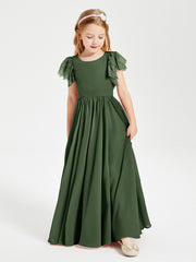 Chiffon Junior Bridesmaid Dresses with Lace Flutter Sleeves Olive Green
