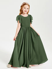 Chiffon Junior Bridesmaid Dresses with Lace Flutter Sleeves Olive Green