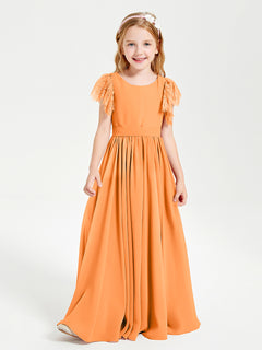 Chiffon Junior Bridesmaid Dresses with Lace Flutter Sleeves Orange