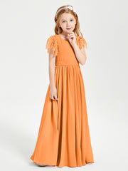 Chiffon Junior Bridesmaid Dresses with Lace Flutter Sleeves Orange