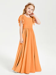 Chiffon Junior Bridesmaid Dresses with Lace Flutter Sleeves Orange