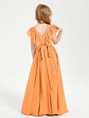 Chiffon Junior Bridesmaid Dresses with Lace Flutter Sleeves Orange