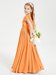 Chiffon Junior Bridesmaid Dresses with Lace Flutter Sleeves Orange