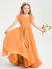 Chiffon Junior Bridesmaid Dresses with Lace Flutter Sleeves Orange