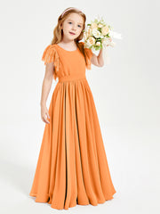 Chiffon Junior Bridesmaid Dresses with Lace Flutter Sleeves Orange
