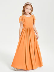 Chiffon Junior Bridesmaid Dresses with Lace Flutter Sleeves Orange