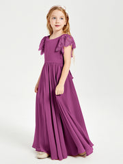 Chiffon Junior Bridesmaid Dresses with Lace Flutter Sleeves Orchid